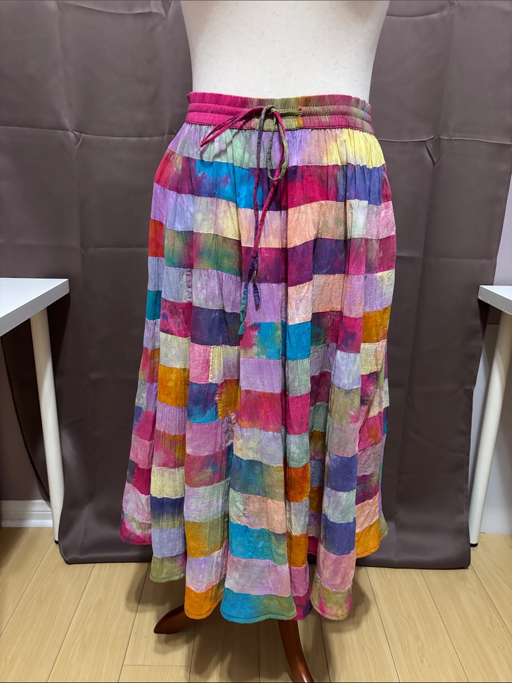 Multicolor Patchwork Maxi Skirt with Drawstring Waist Made in India 100% Cotton